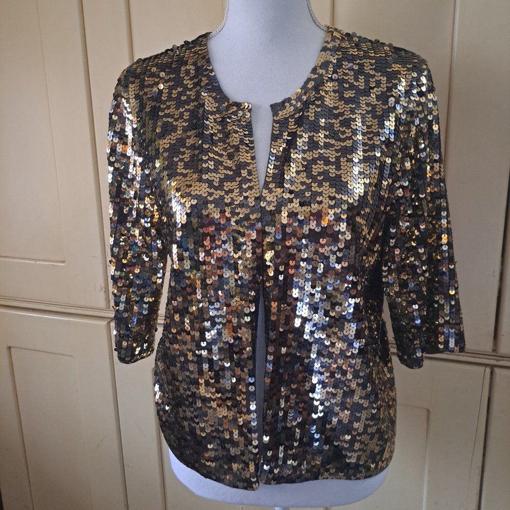 525 America Women's Gold and Olive Green Sequin Open Front Cardigan Size Large